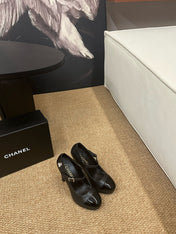 CHANEL 26S MARY JANE HEELS IN BLACK CALFSKIN CAP TOE