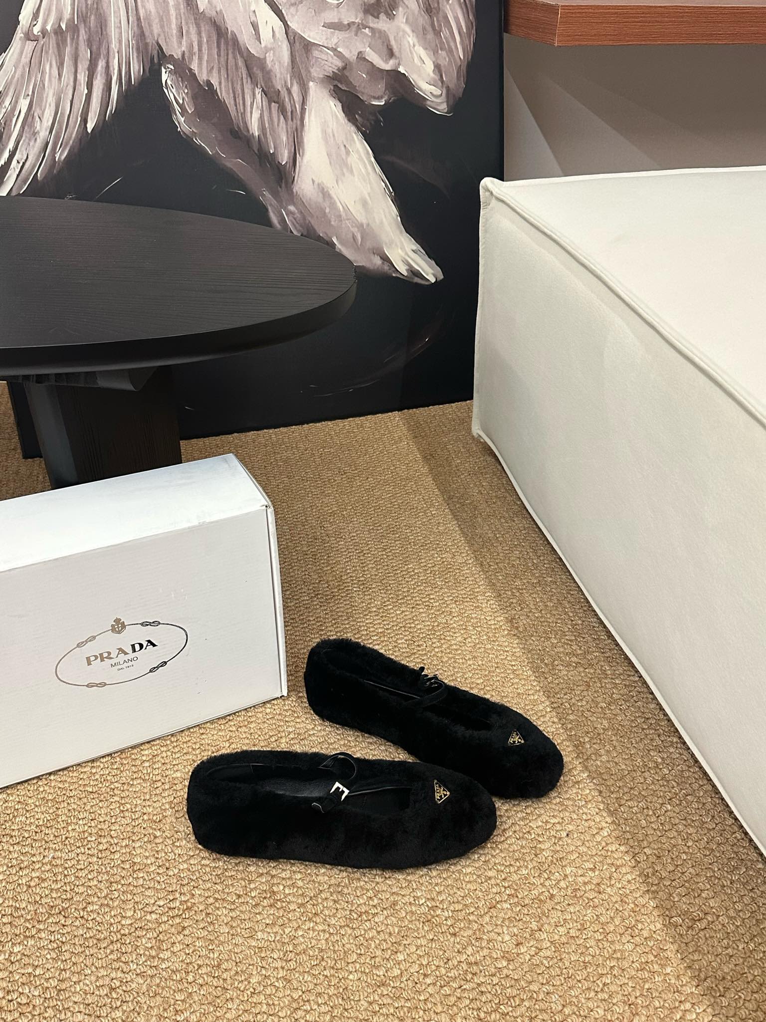 PRADA 26S SHEARLING BALLET FLATS IN BLACK