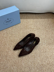 PRADA 26S POINTED TOE PUMPS 50MM IN DARK BROWN SUEDE