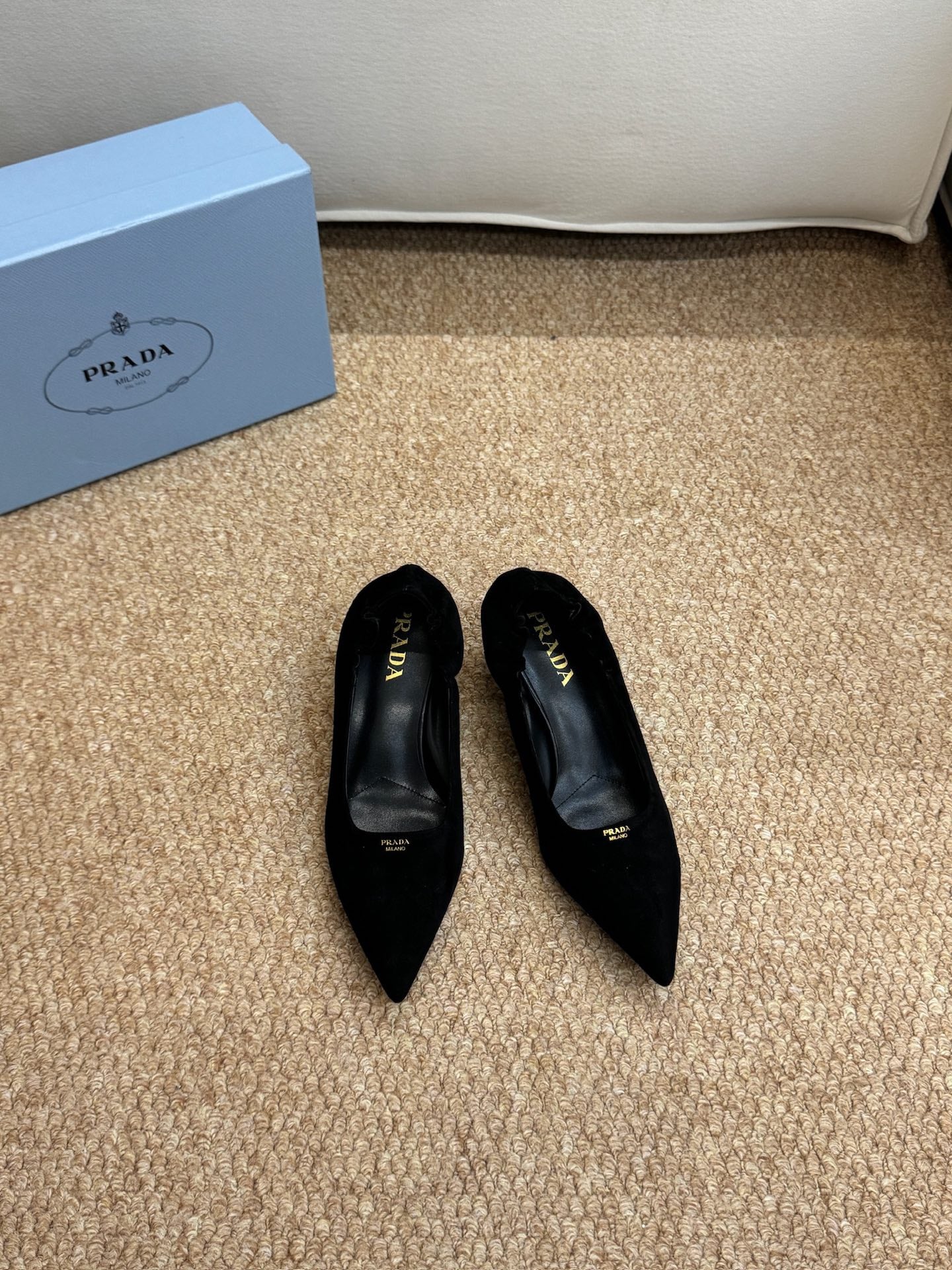 PRADA 26S POINTED TOE PUMPS 50MM IN BLACK SUEDE
