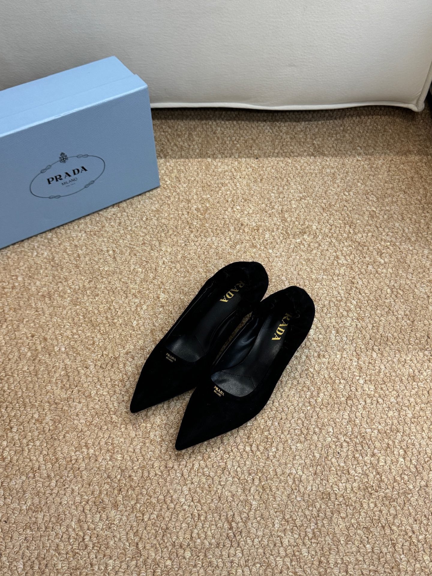PRADA 26S POINTED TOE PUMPS 50MM IN BLACK SUEDE