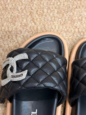 CHANEL 26S SLIDE SANDALS IN BLACK QUILTED CALFSKIN SILVER HARDWARE