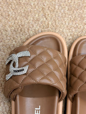CHANEL 26S SLIDE SANDALS IN BROWN QUILTED CALFSKIN SILVER HARDWARE