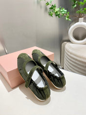 MIUMIU 26S RUCHES NAPPA BALLERINAS IN ARMY GREEN SUEDE AND FABRIC