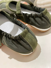 MIUMIU 26S RUCHES NAPPA BALLERINAS IN ARMY GREEN SUEDE AND FABRIC