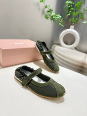 MIUMIU 26S RUCHES NAPPA BALLERINAS IN ARMY GREEN SUEDE AND FABRIC