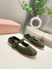 MIUMIU 26S RUCHES NAPPA BALLERINAS IN ARMY GREEN SUEDE AND FABRIC