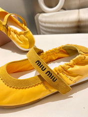 MIUMIU 26S RUCHES NAPPA BALLERINAS IN YELLOW SUEDE AND FABRIC