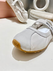 MIUMIU 26S RUCHES NAPPA BALLERINAS IN CREAM WHITE SUEDE AND FABRIC