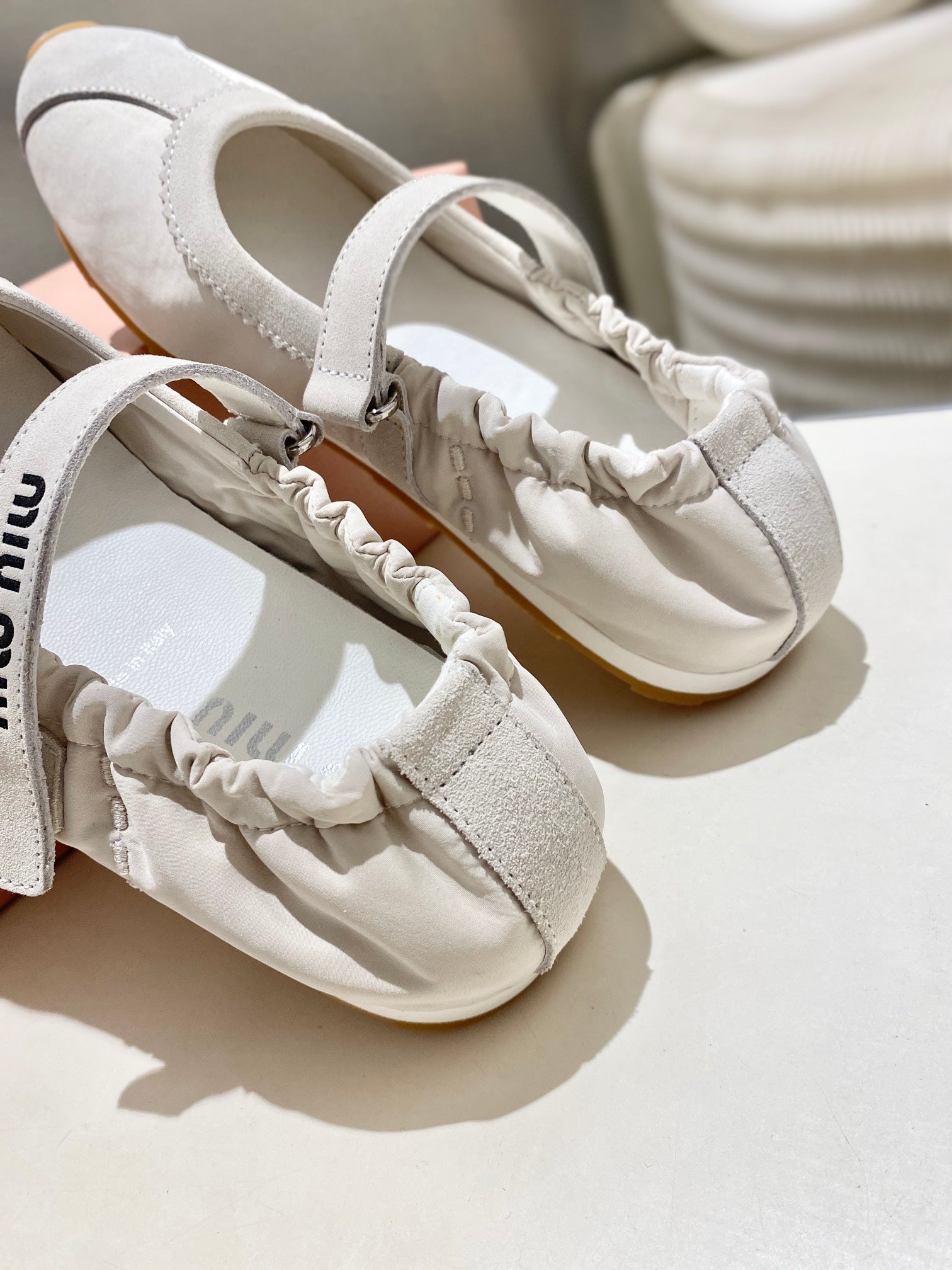 MIUMIU 26S RUCHES NAPPA BALLERINAS IN CREAM WHITE SUEDE AND FABRIC