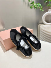 MIUMIU 26S RUCHES NAPPA BALLERINAS IN BLACK SUEDE AND FABRIC