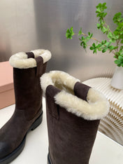 MIUMIU 26S MID CALF BOOT IN DARK BROWN  SUEDE AND SHEARLING