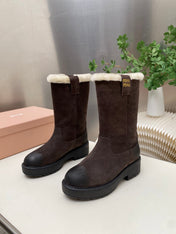 MIUMIU 26S MID CALF BOOT IN DARK BROWN  SUEDE AND SHEARLING
