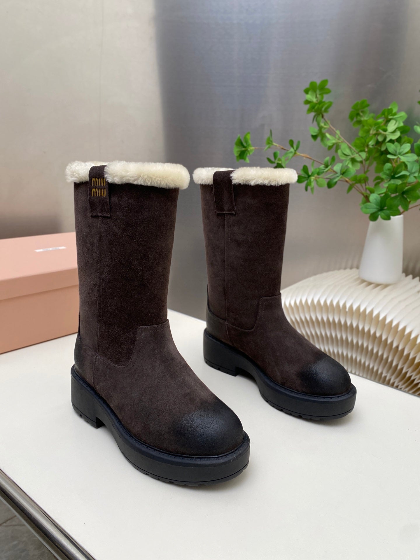 MIUMIU 26S MID CALF BOOT IN DARK BROWN  SUEDE AND SHEARLING