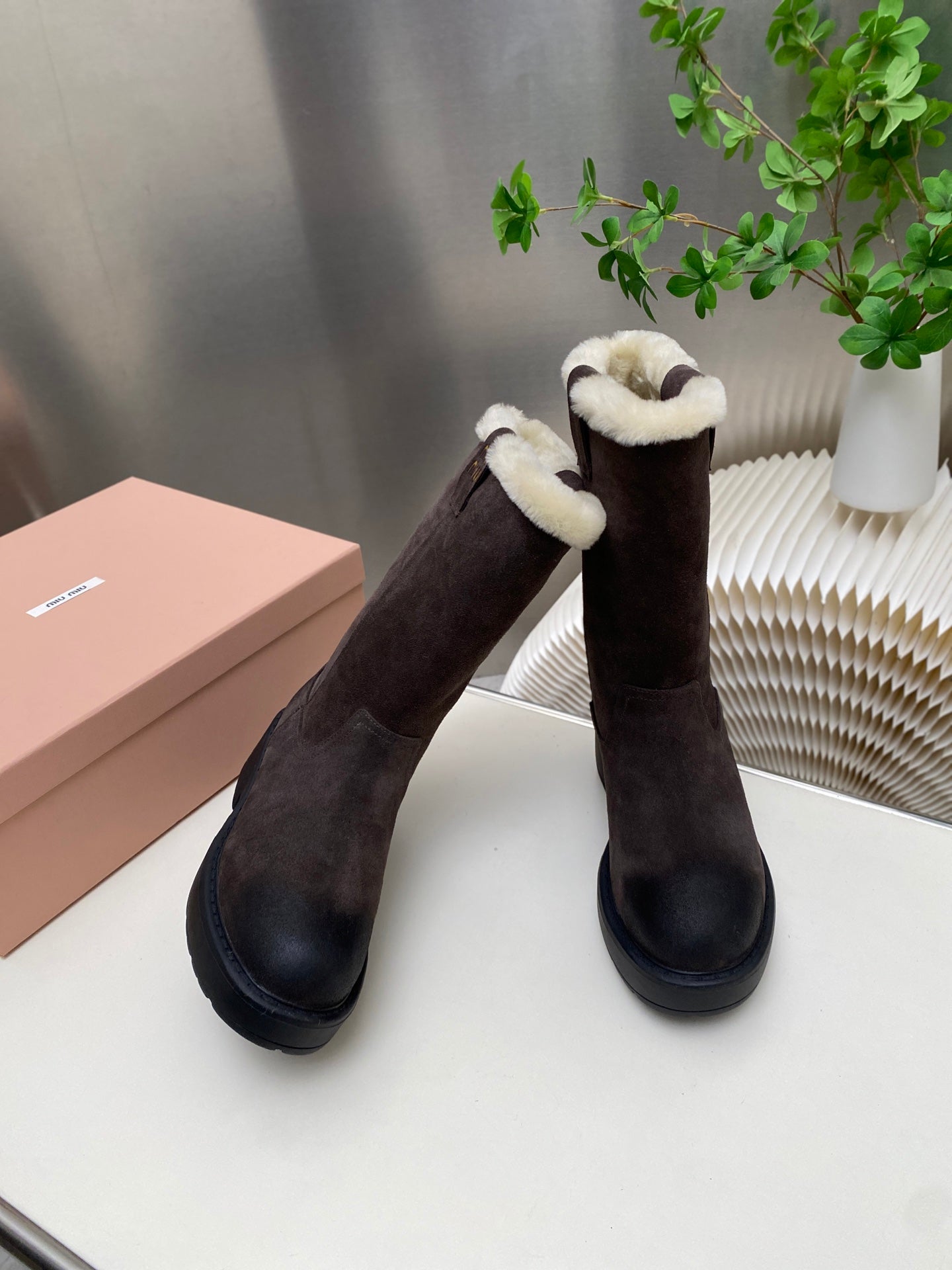 MIUMIU 26S MID CALF BOOT IN DARK BROWN  SUEDE AND SHEARLING