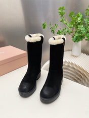 MIUMIU 26S MID CALF BOOT IN BLACK SUEDE AND SHEARLING