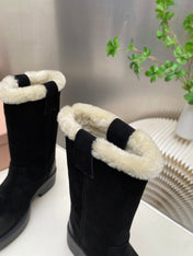 MIUMIU 26S MID CALF BOOT IN BLACK SUEDE AND SHEARLING