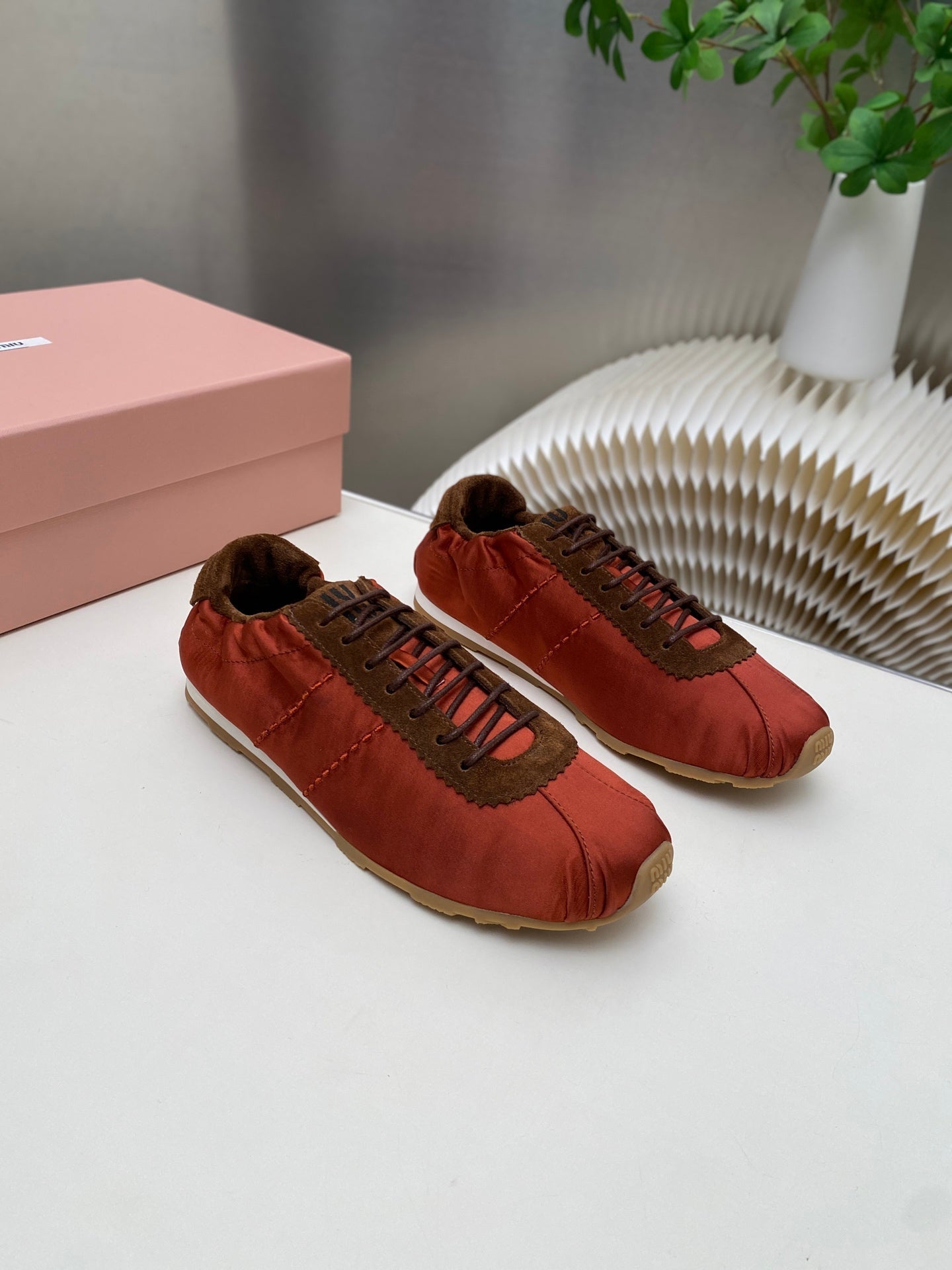 MIUMIU 26S SNEAKERS IN RUST RED PLUME SATIN