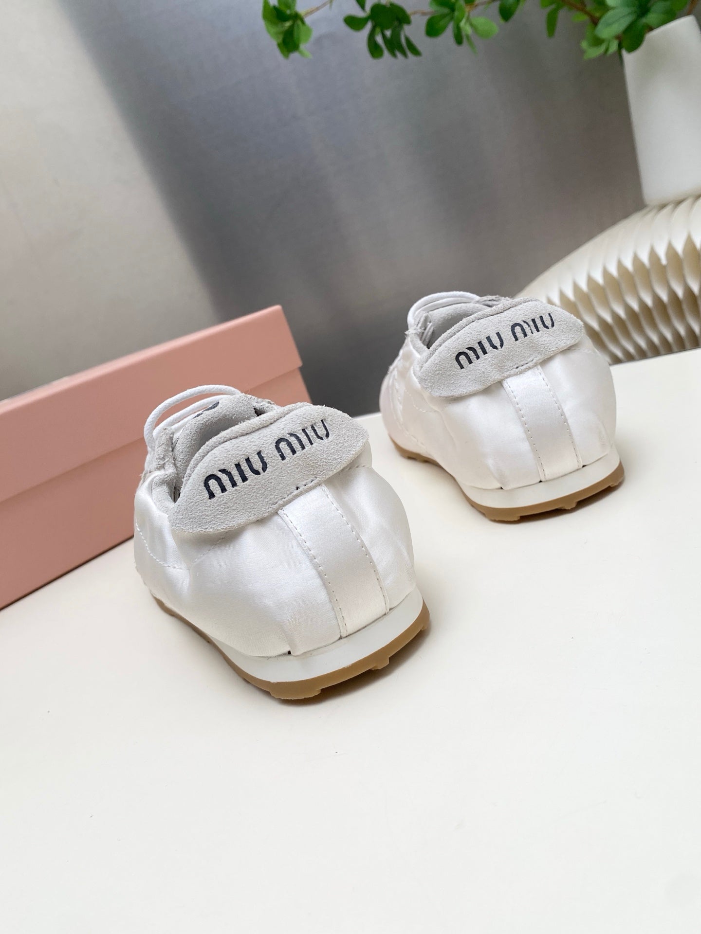 MIUMIU 26S SNEAKERS IN WHITE PLUME SATIN