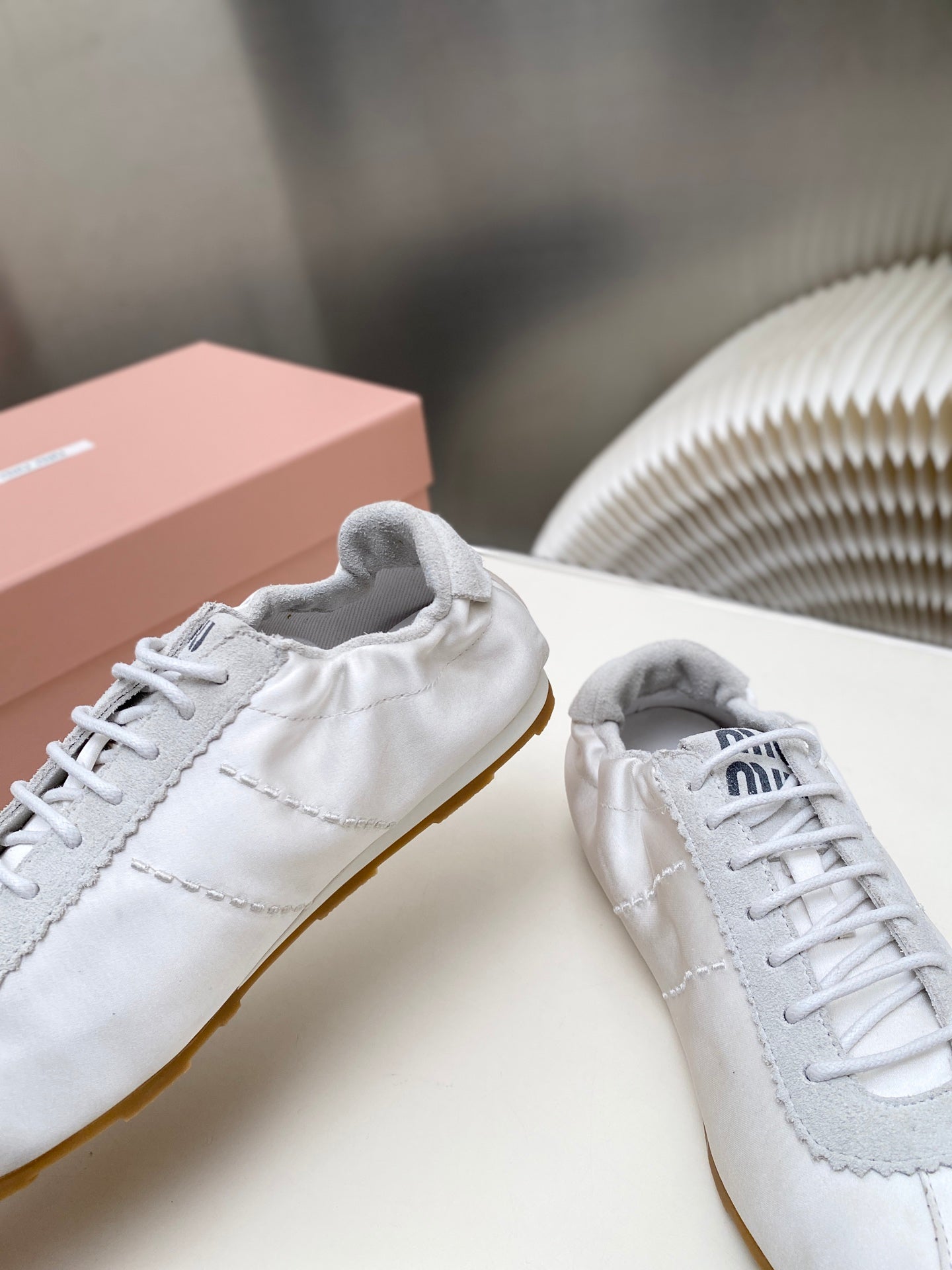MIUMIU 26S SNEAKERS IN WHITE PLUME SATIN