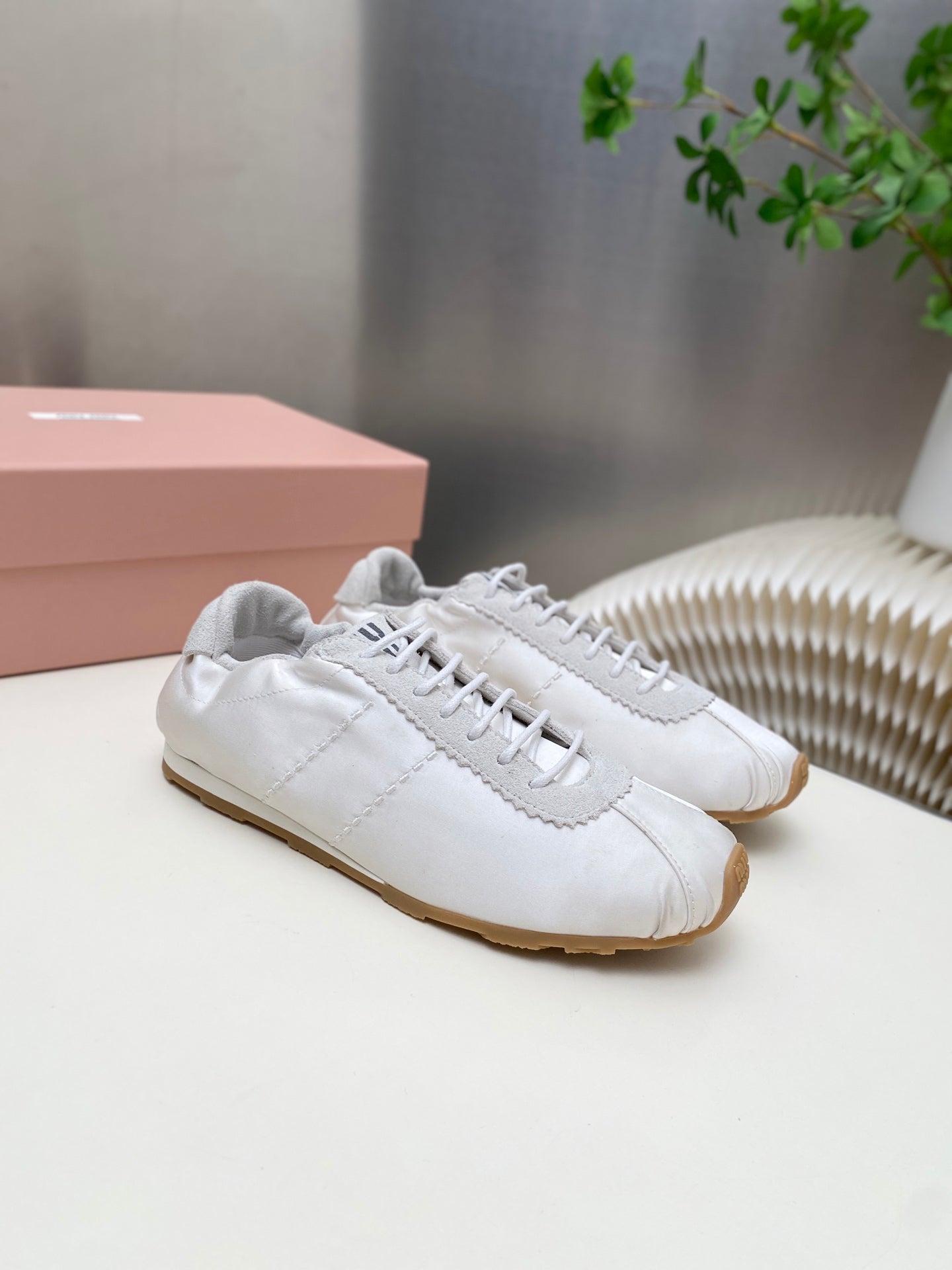 MIUMIU 26S SNEAKERS IN WHITE PLUME SATIN