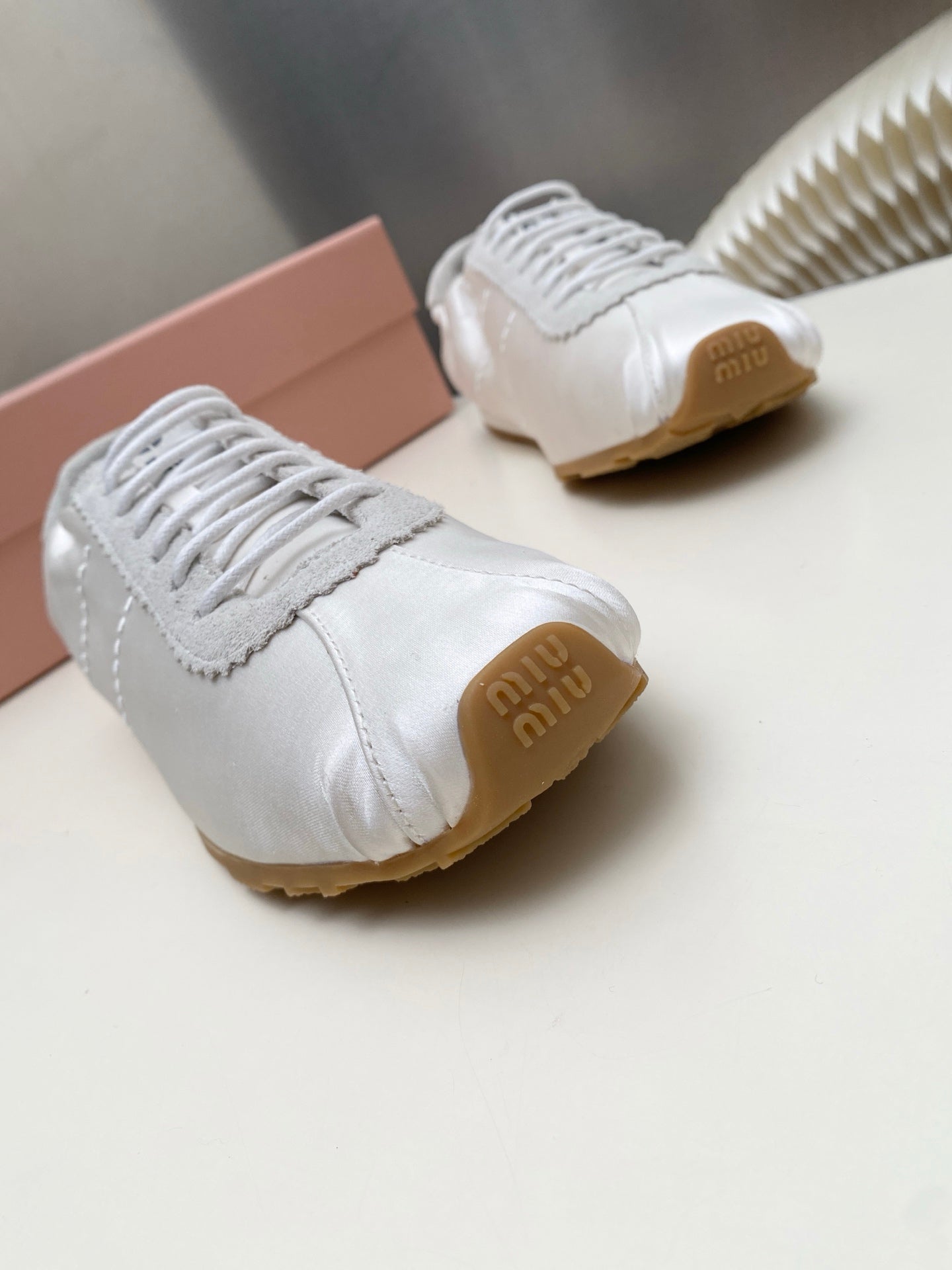 MIUMIU 26S SNEAKERS IN WHITE PLUME SATIN