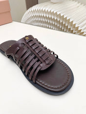 MIUMIU 26S SLIDES SANDAL IN DARK BROWN CALFSKIN