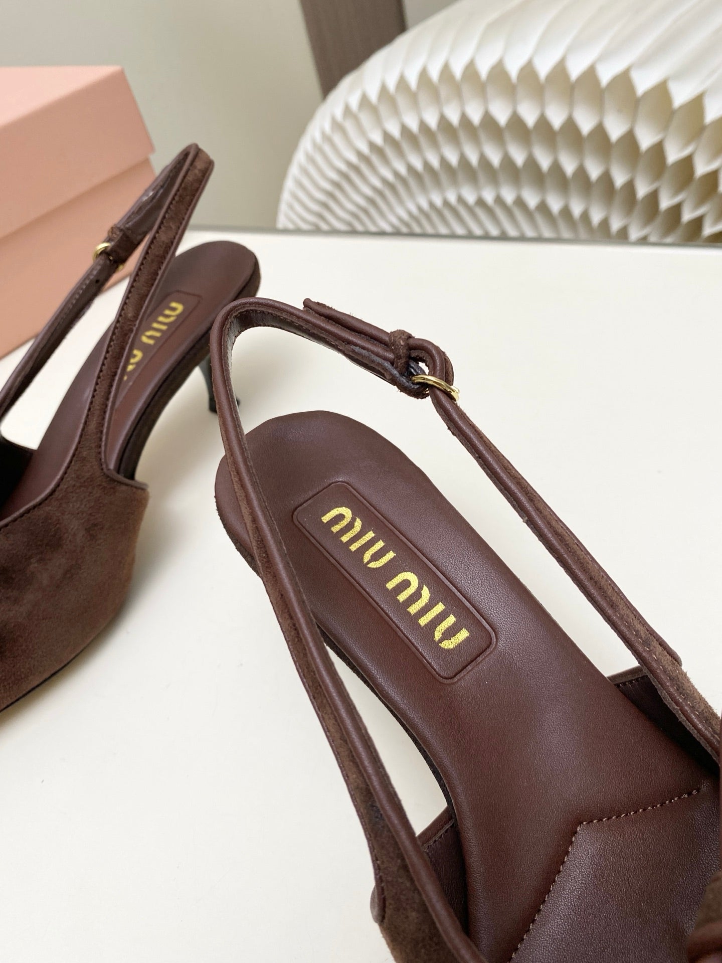 MIUMIU 26S SLINGBACK PUMPS 55MM IN DARK BROWN SUEDE WITH BOW