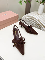 MIUMIU 26S SLINGBACK PUMPS 55MM IN DARK BROWN SUEDE WITH BOW