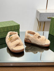 DAD SANDALS IN TAN BEIGE FLEECE WITH GOLD HARDWARE