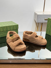 DAD SANDALS IN CIDER BROWN FLEECE WITH GOLD HARDWARE