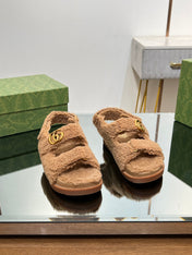 DAD SANDALS IN CIDER BROWN FLEECE WITH GOLD HARDWARE