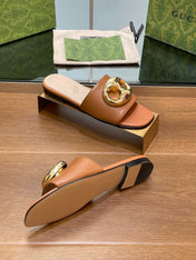 FLAT MULE IN BRONE BROWN CALFSKIN WITH GOLD HARDWARE