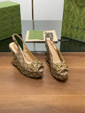 GG WEDGE PLATFORM IN CAMEL BROWN MONOGRAM JACQUARD FABRIC