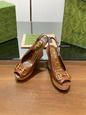 GG WEDGE PLATFORM IN CHOCOLATE BROWN CALFSKIN WITH GOLD HARDWARE