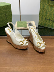 GG WEDGE PLATFORM IN WHITE CALFSKIN WITH GOLD HARDWARE