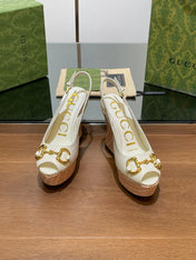 GG WEDGE PLATFORM IN WHITE CALFSKIN WITH GOLD HARDWARE