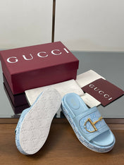HIGH 5.5 CM WEDGE SANDALS IN BLUE CALFSKIN AND FABRIC