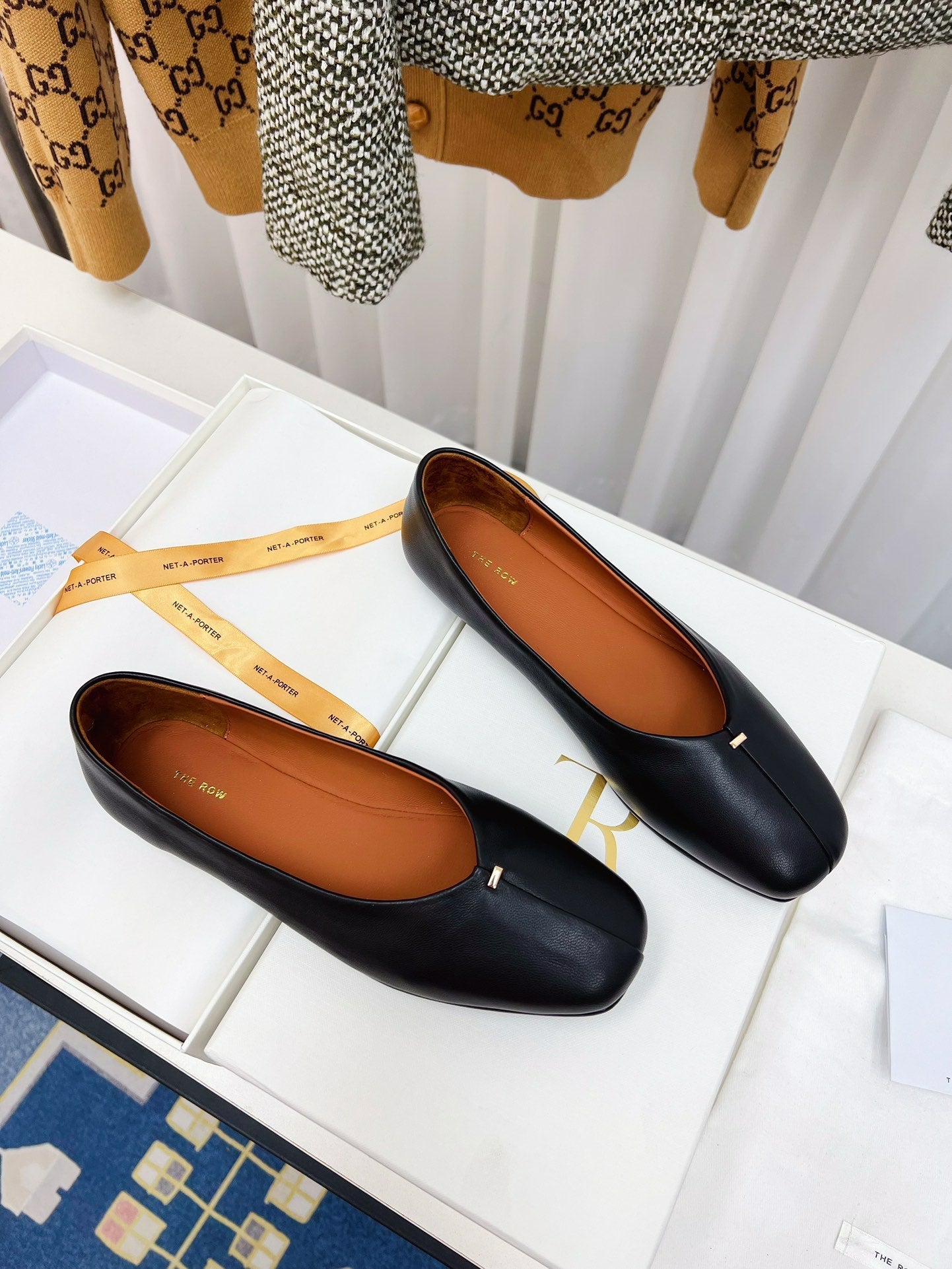 THE ROW 26S SQUARE TOE BALLET FLATS IN BLACK CALFSKIN