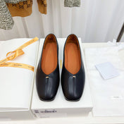 THE ROW 26S SQUARE TOE BALLET FLATS IN BLACK CALFSKIN