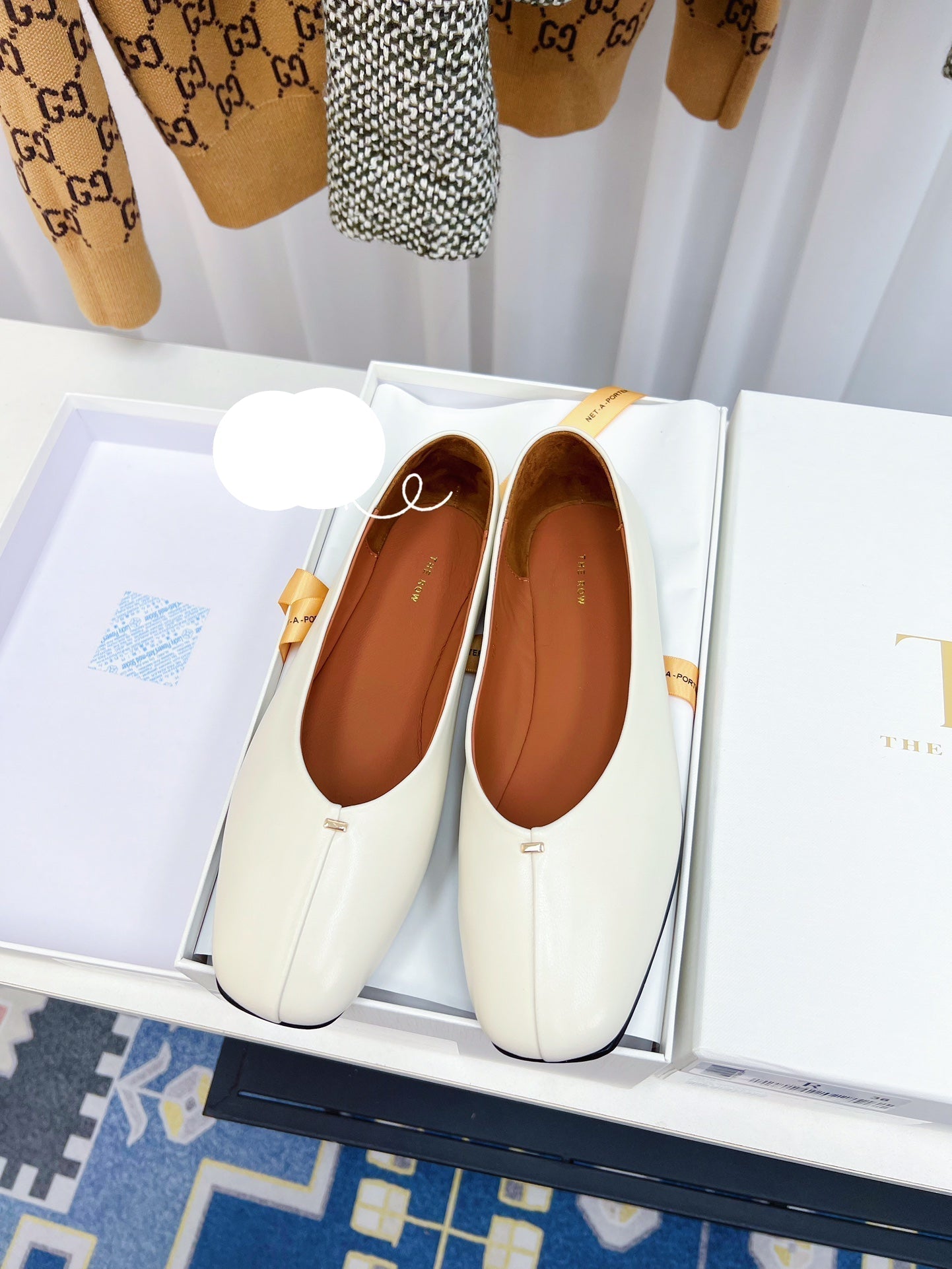 THE ROW 26S SQUARE TOE BALLET FLATS IN IVORY WHITE CALFSKIN
