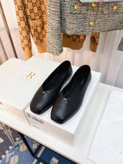 THE ROW 26S SQUARE TOE BALLET FLATS IN FULL BLACK CALFSKIN