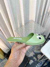 THE ROW 26S PIXEL APPLIQUE MULES IN PISTACHIO GREEN CALFSKIN