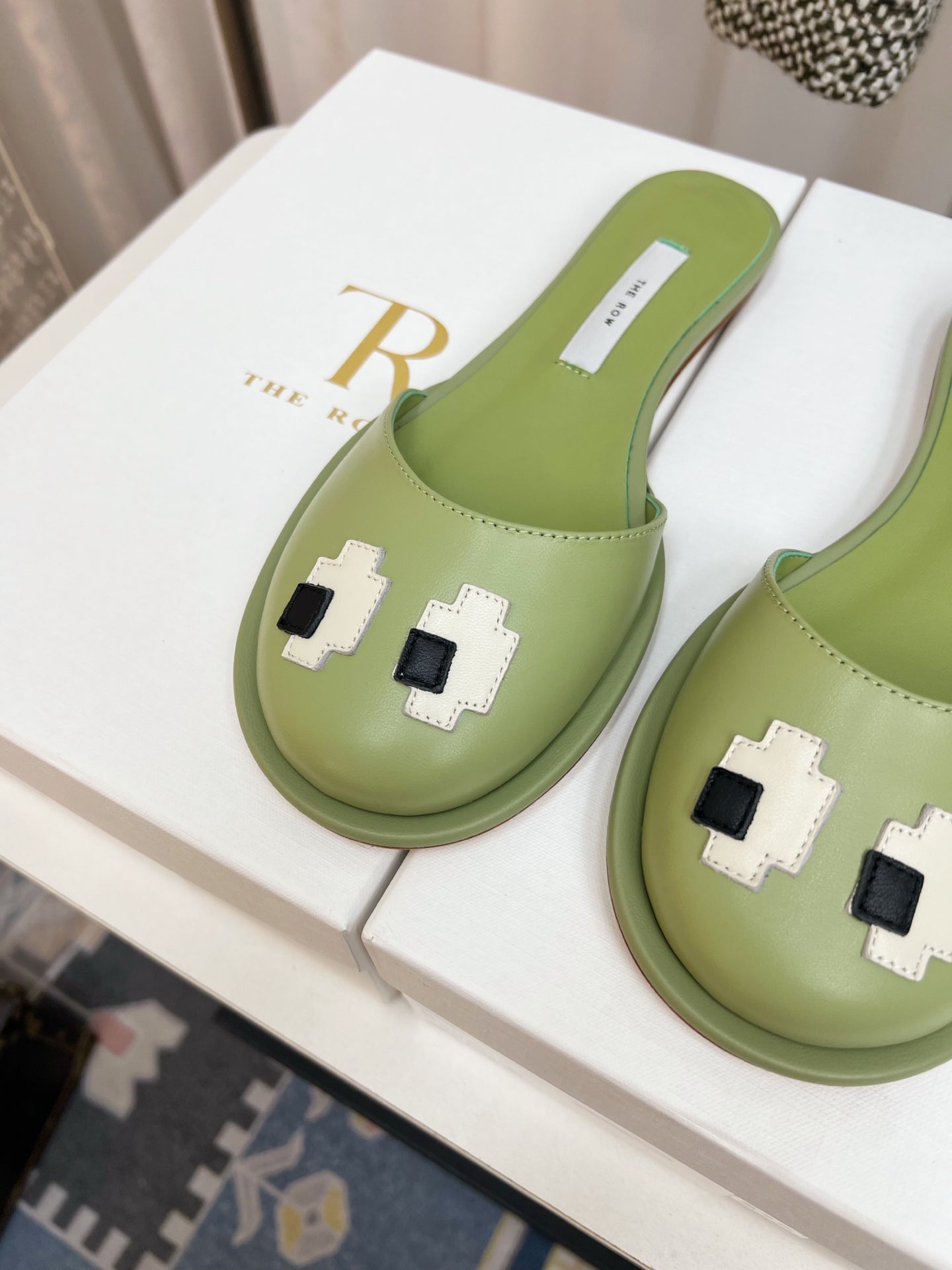 THE ROW 26S PIXEL APPLIQUE MULES IN PISTACHIO GREEN CALFSKIN