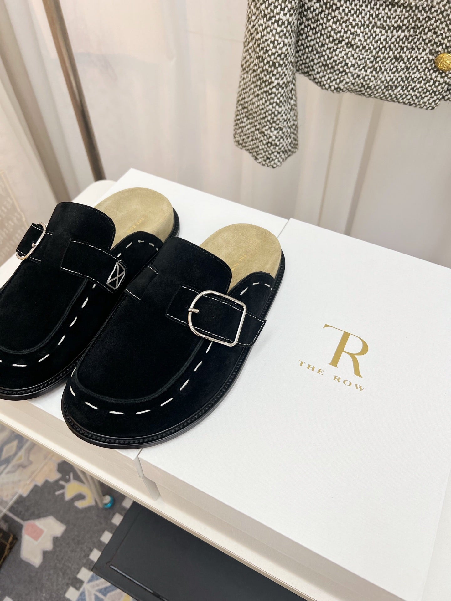 THE ROW 26S BUCKLED MULE CLOGS IN BLACK SUEDE