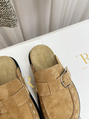 THE ROW 26S BUCKLED MULE CLOGS IN LIGHT BROWN SUEDE