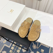 THE ROW 26S BUCKLED MULE CLOGS IN LIGHT BROWN SUEDE