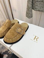 THE ROW 26S BUCKLED MULE CLOGS IN LIGHT BROWN SUEDE