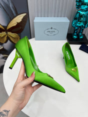 PRADA 26S POINTED TOE PUMPS STILETTO HEEL 80MM IN LIME GREEN SATIN