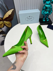 PRADA 26S POINTED TOE PUMPS STILETTO HEEL 80MM IN LIME GREEN SATIN